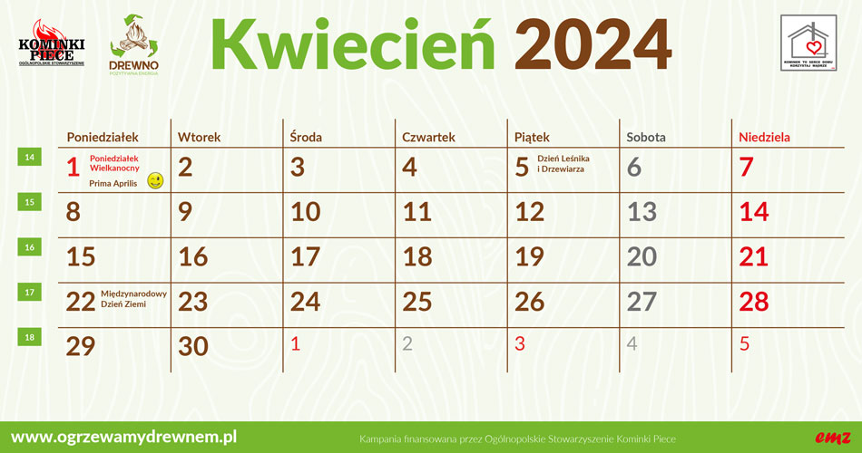 Kalendarz Użytkownika Kominka - kwiecień 2024
