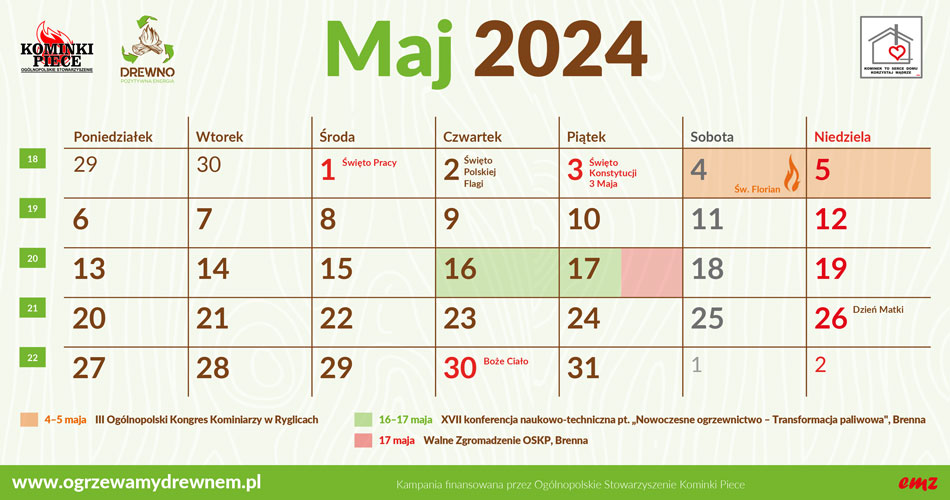 Kalendarz Użytkownika Kominka - maj 2024